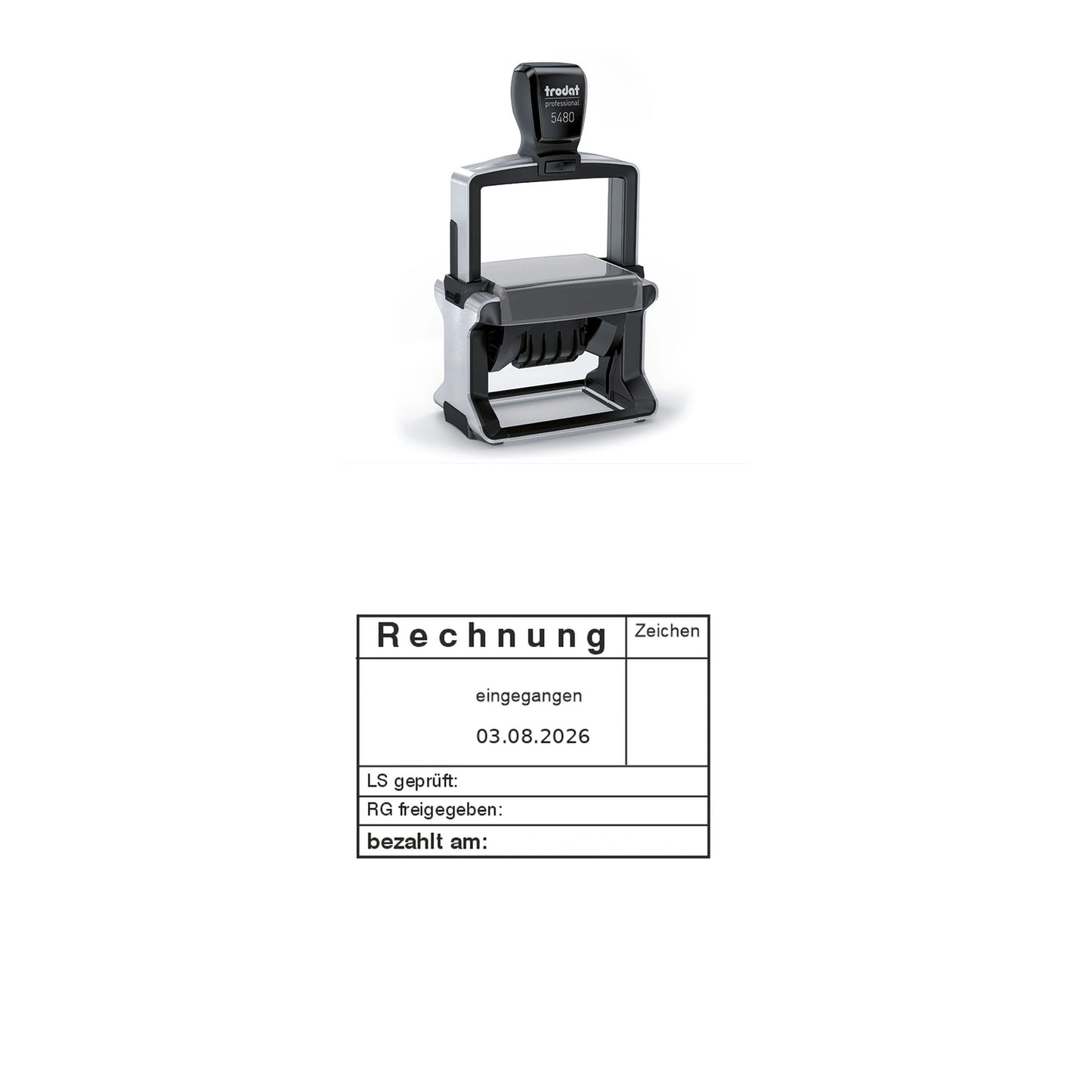 Rechnungsstatusstempel LS/RG-Prüfung & Zahlung – Stempelgerät mit Abdruck