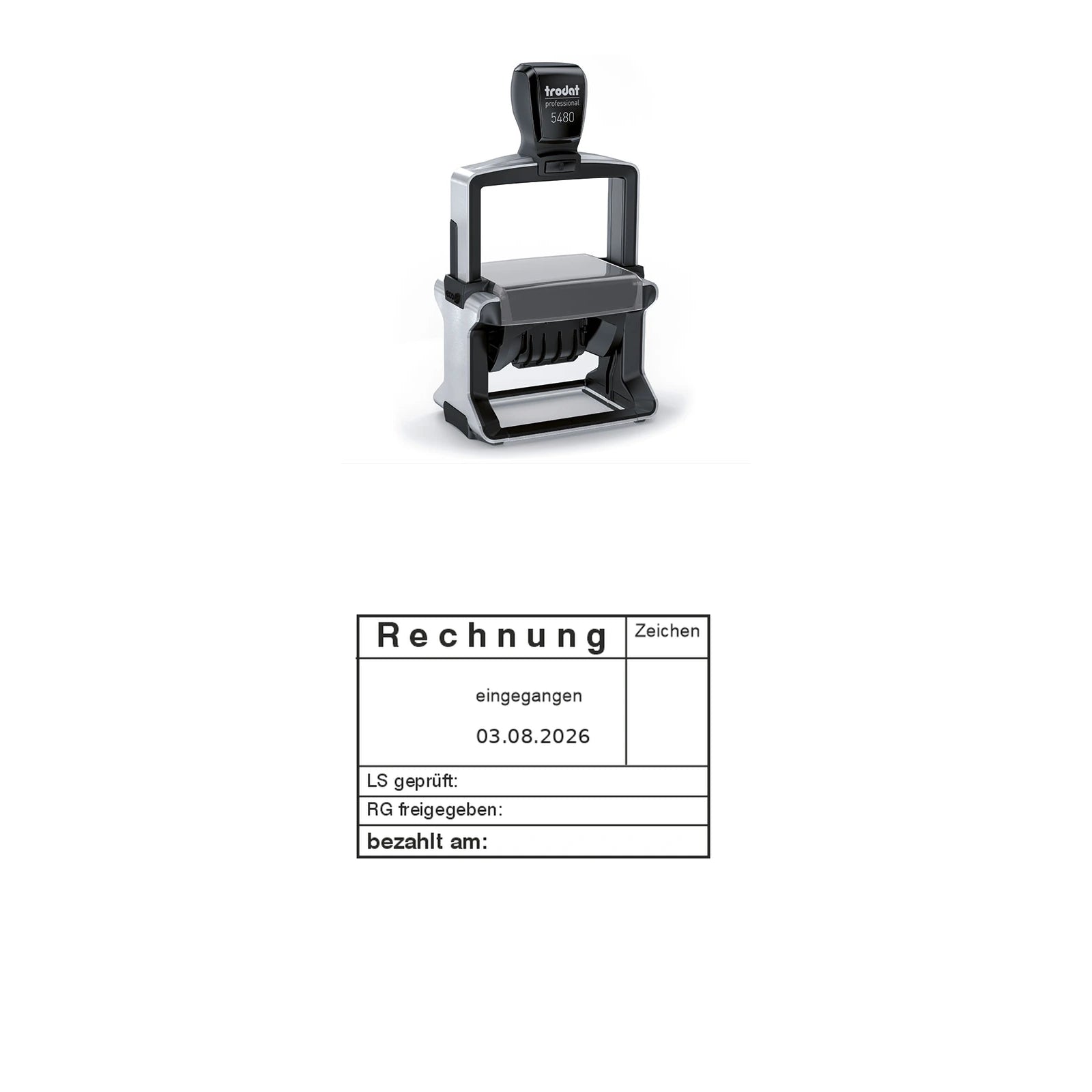 Rechnungsstatusstempel LS/RG-Prüfung & Zahlung – Stempelgerät mit Abdruck