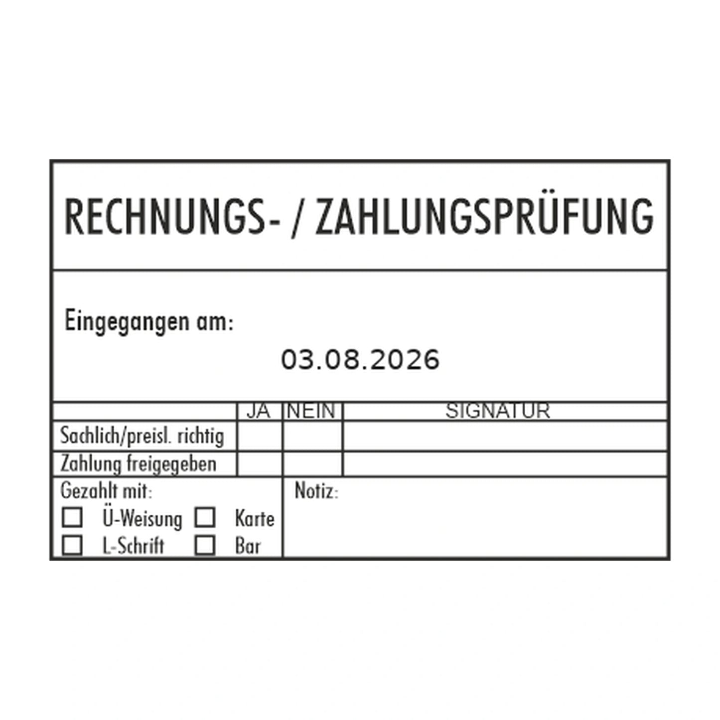 Rechnungs- und Zahlungsprüfstempel mit Zahlungsart – Stempelabdruck