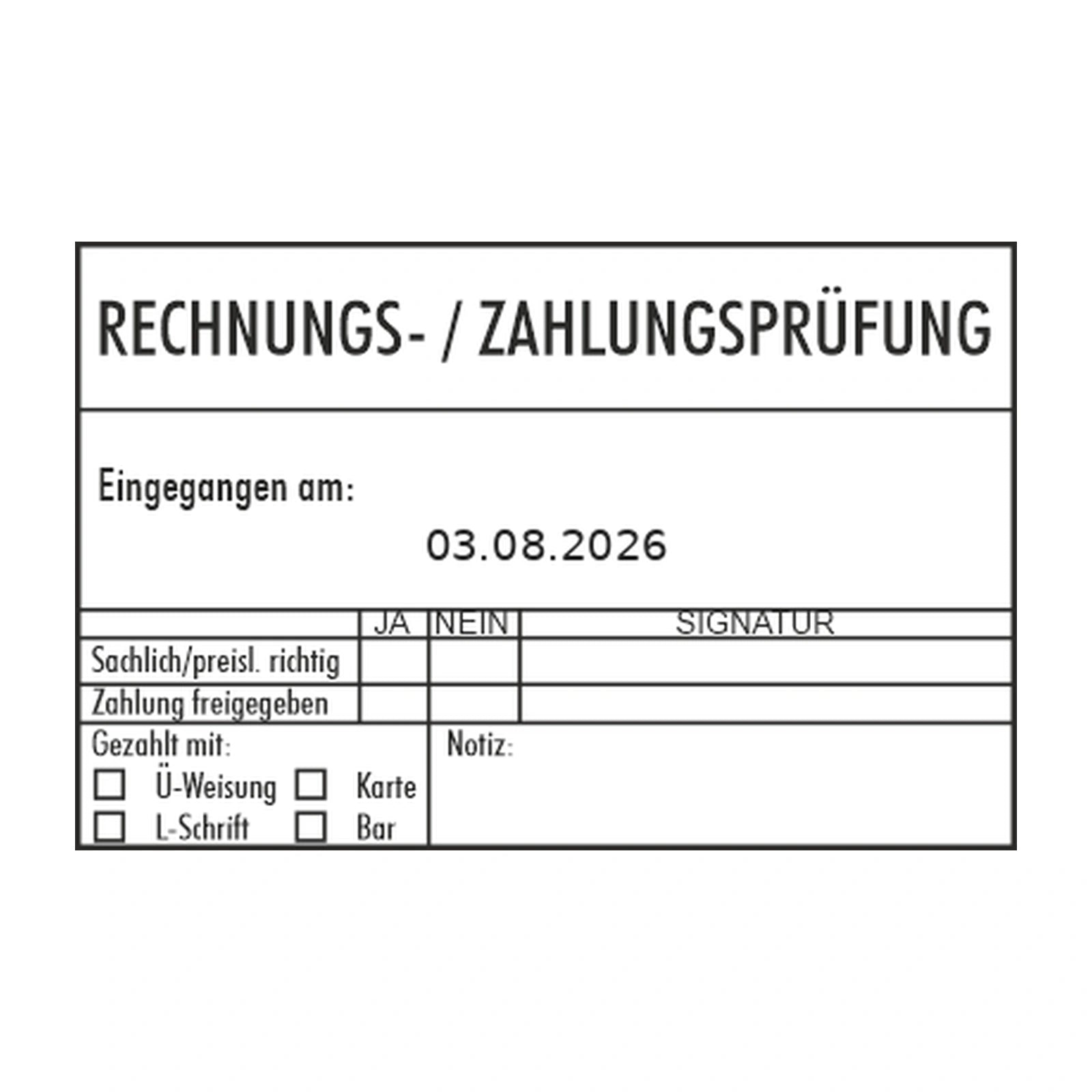 Rechnungs- und Zahlungsprüfstempel mit Zahlungsart – Stempelabdruck
