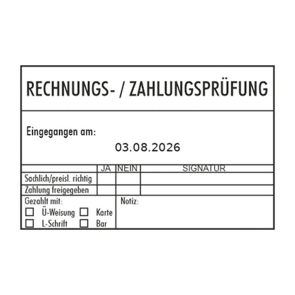 Rechnungs- und Zahlungsprüfstempel mit Zahlungsart – Stempelabdruck
