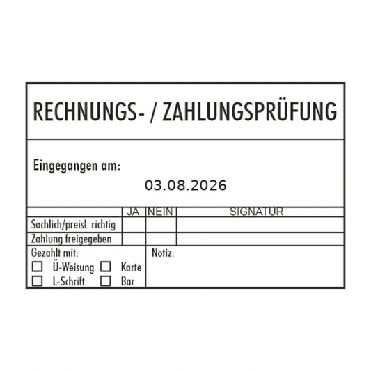 Rechnungs- und Zahlungsprüfstempel mit Zahlungsart – Stempelabdruck
