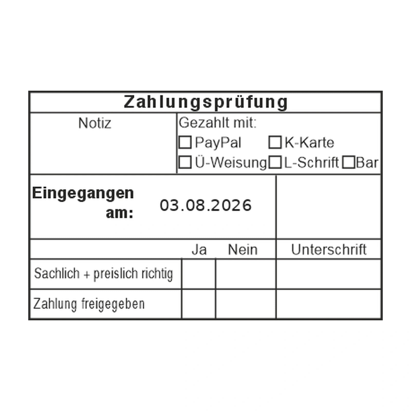 Zahlungsprüfstempel Zahlungsart & Notiz – Stempelabdruck