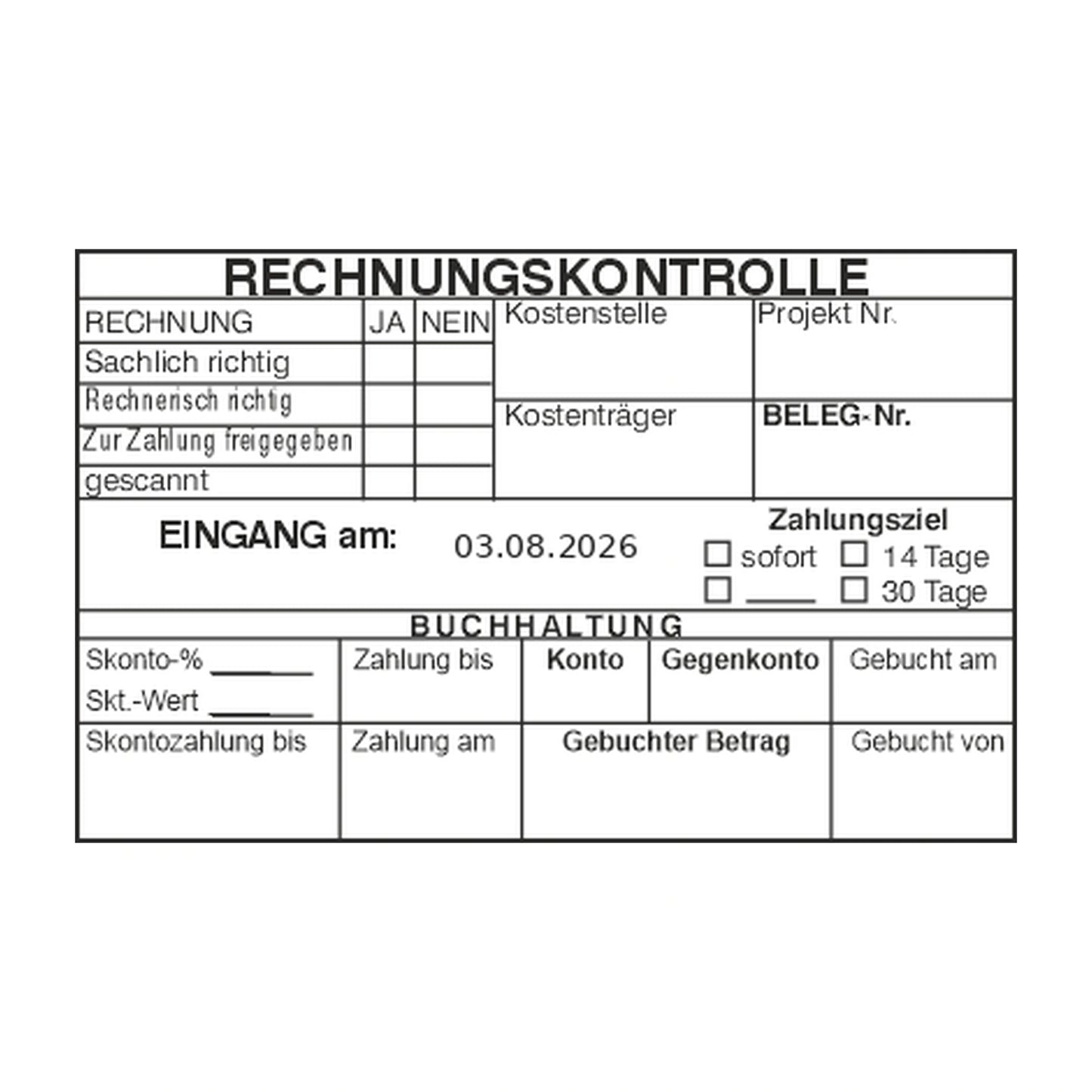 Rechnungskontrollstempel Zahlungsziel & Skonto – Stempelabdruck