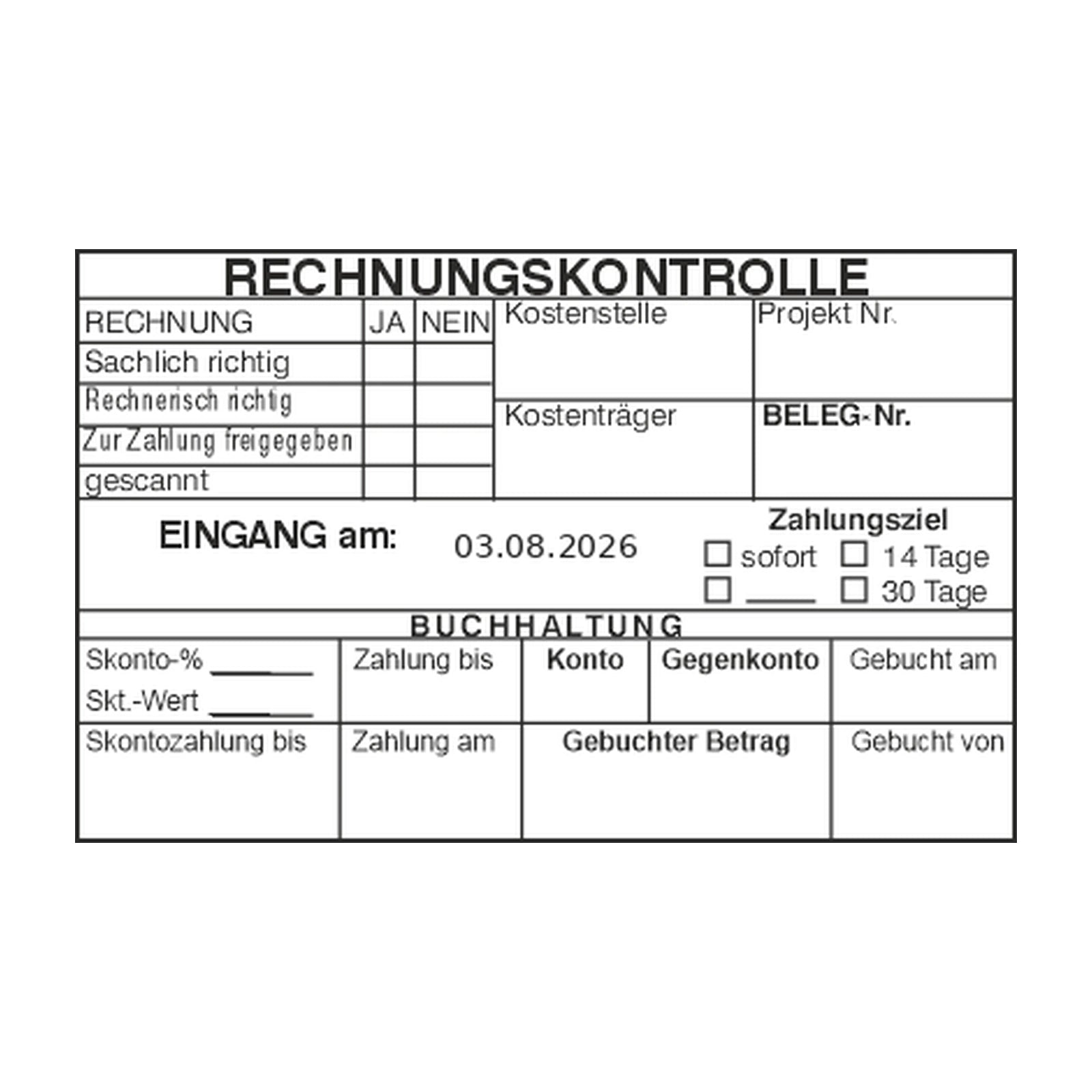 Rechnungskontrollstempel Zahlungsziel & Skonto – Stempelabdruck