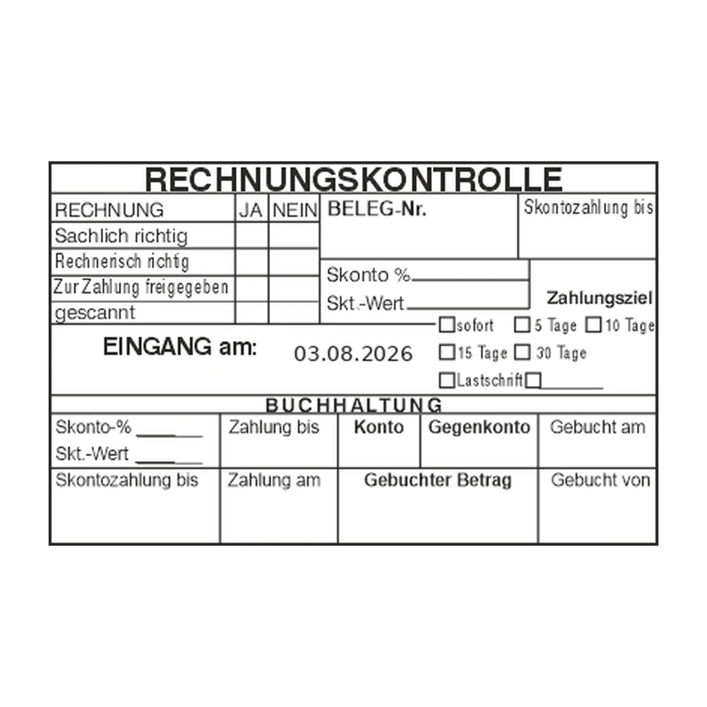Rechnungskontrollstempel Skonto & Zahlungsziel – Stempelabdruck
