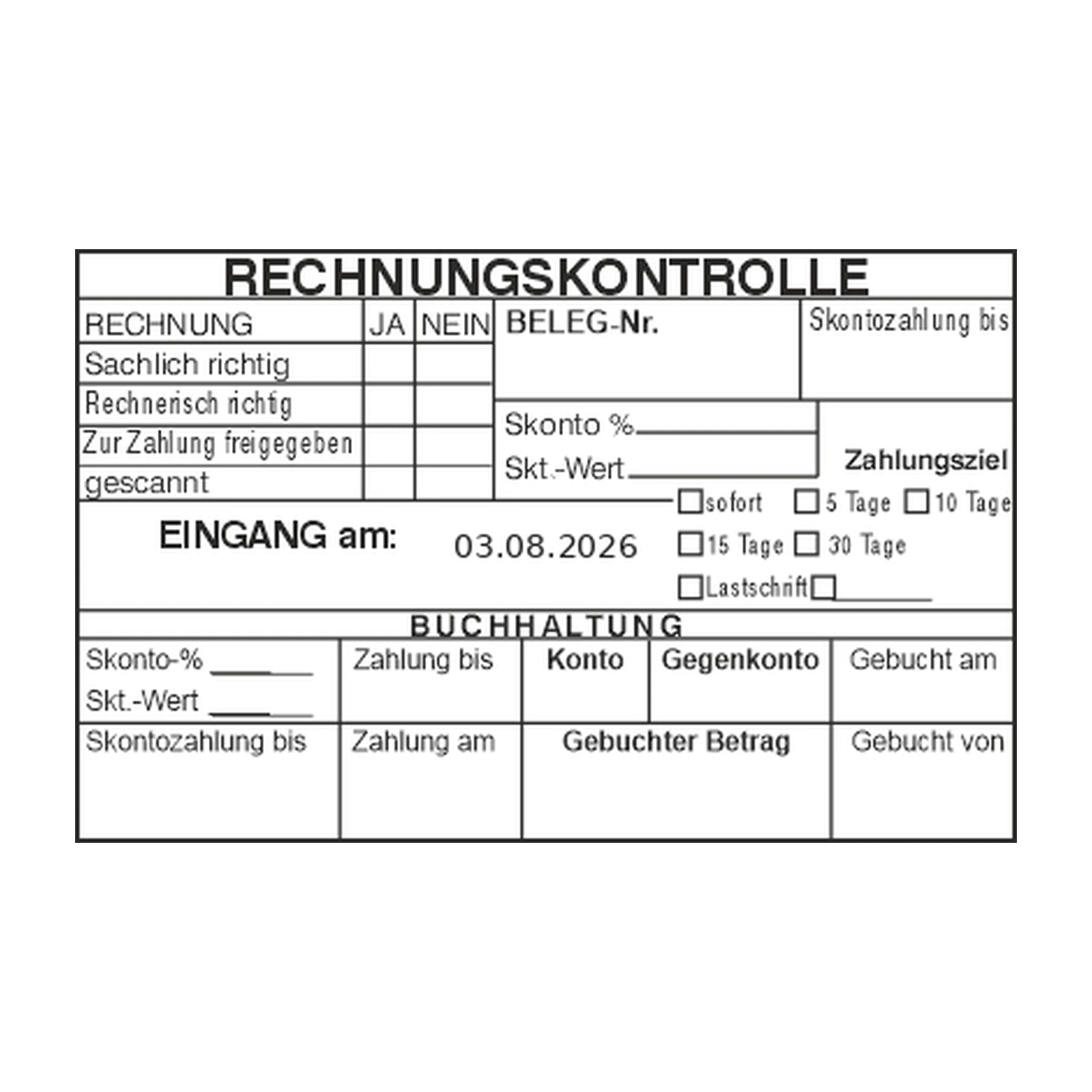 Rechnungskontrollstempel Skonto & Zahlungsziel – Stempelabdruck