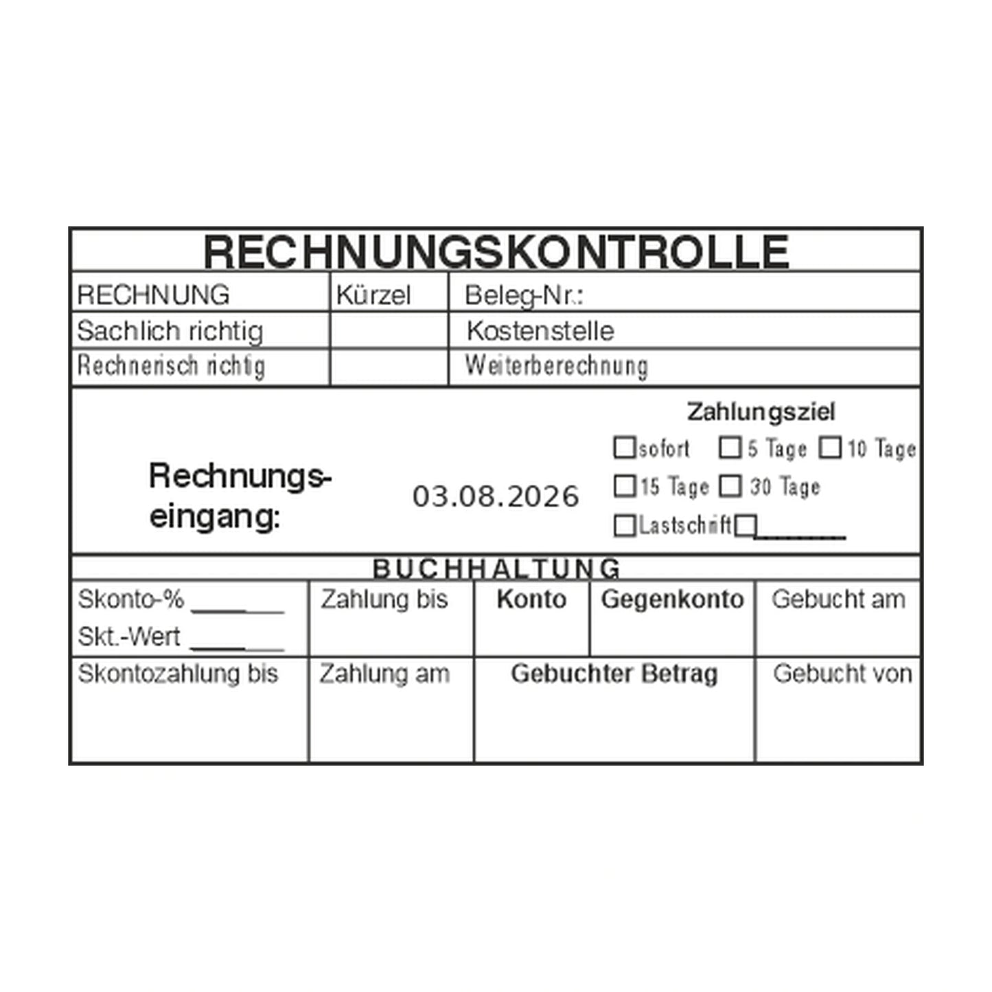 Rechnungskontrollstempel Weiterberechnung & Skonto – Stempelabdruck