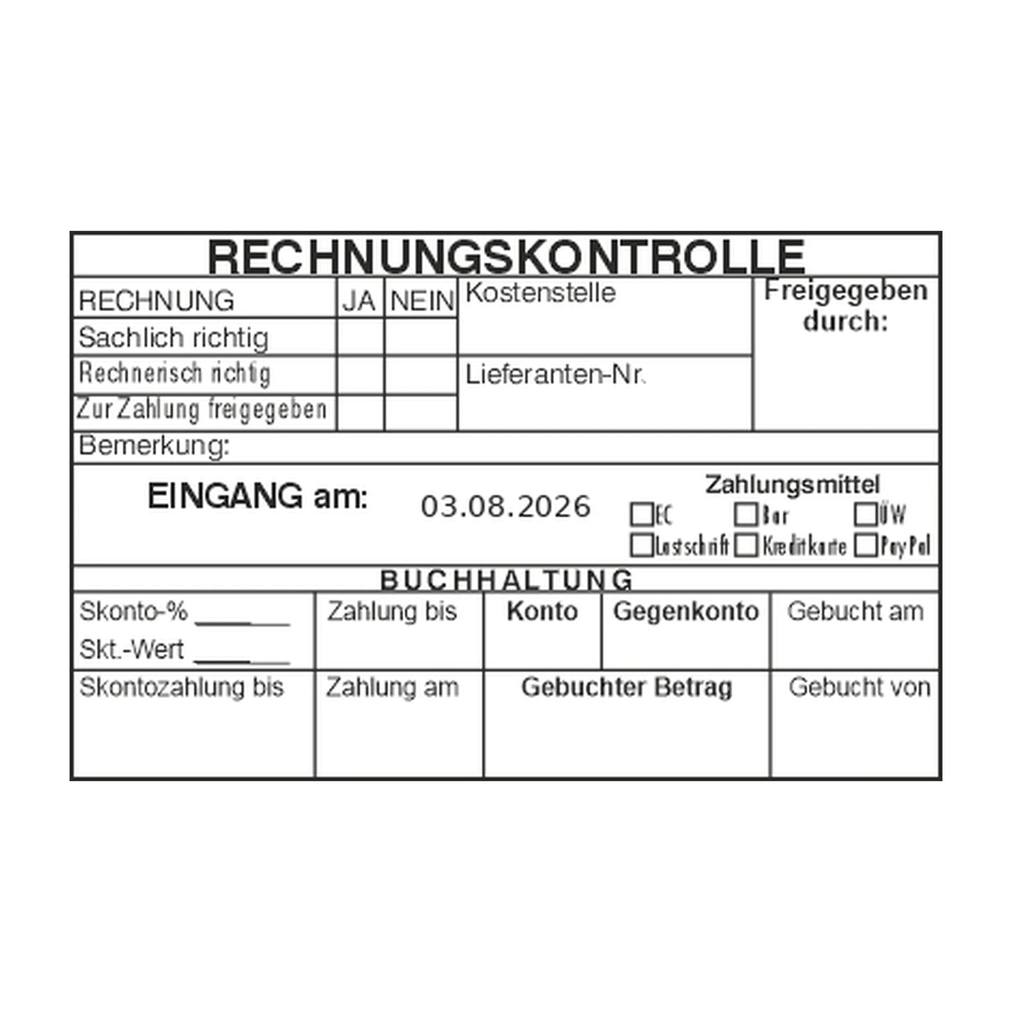 Rechnungskontrollstempel Lieferant & Zahlungsmittel – Stempelabdruck