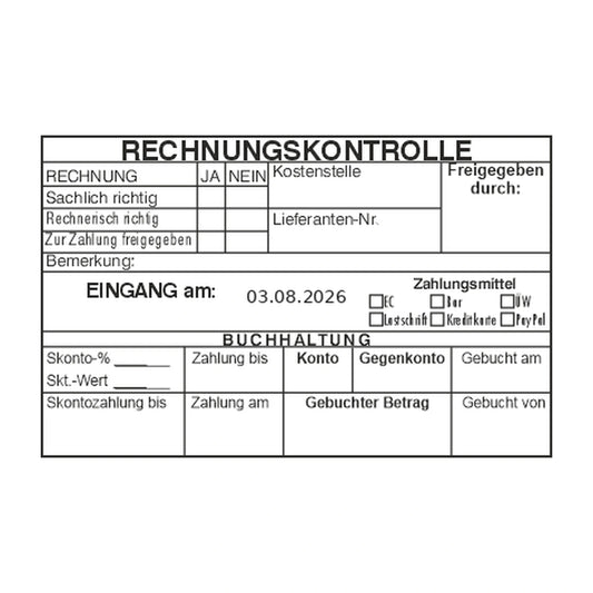Rechnungskontrollstempel Lieferant & Zahlungsmittel – Stempelabdruck