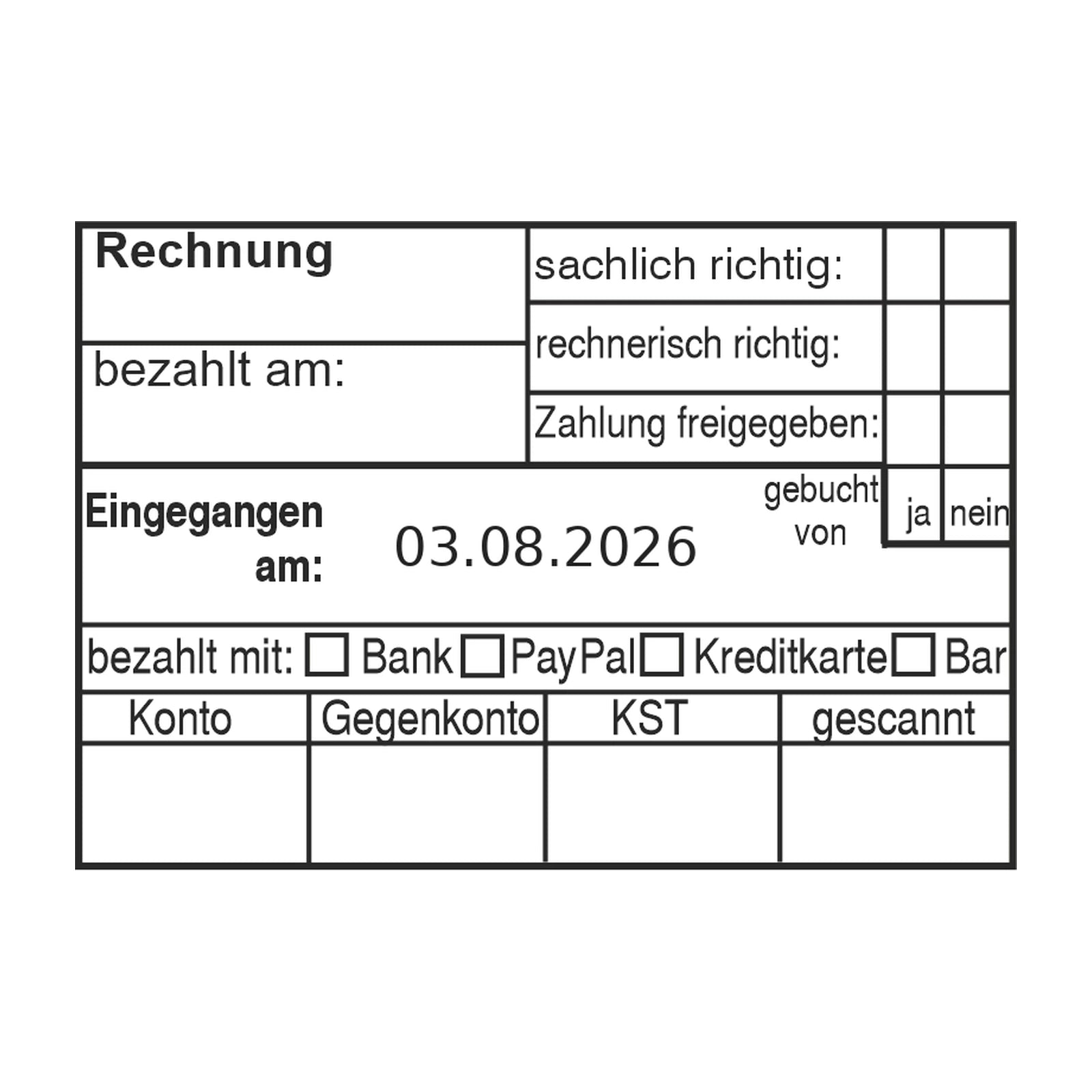 Rechnungsprüfstempel Zahlungsart, Buchung & Scan – Stempelabdruck