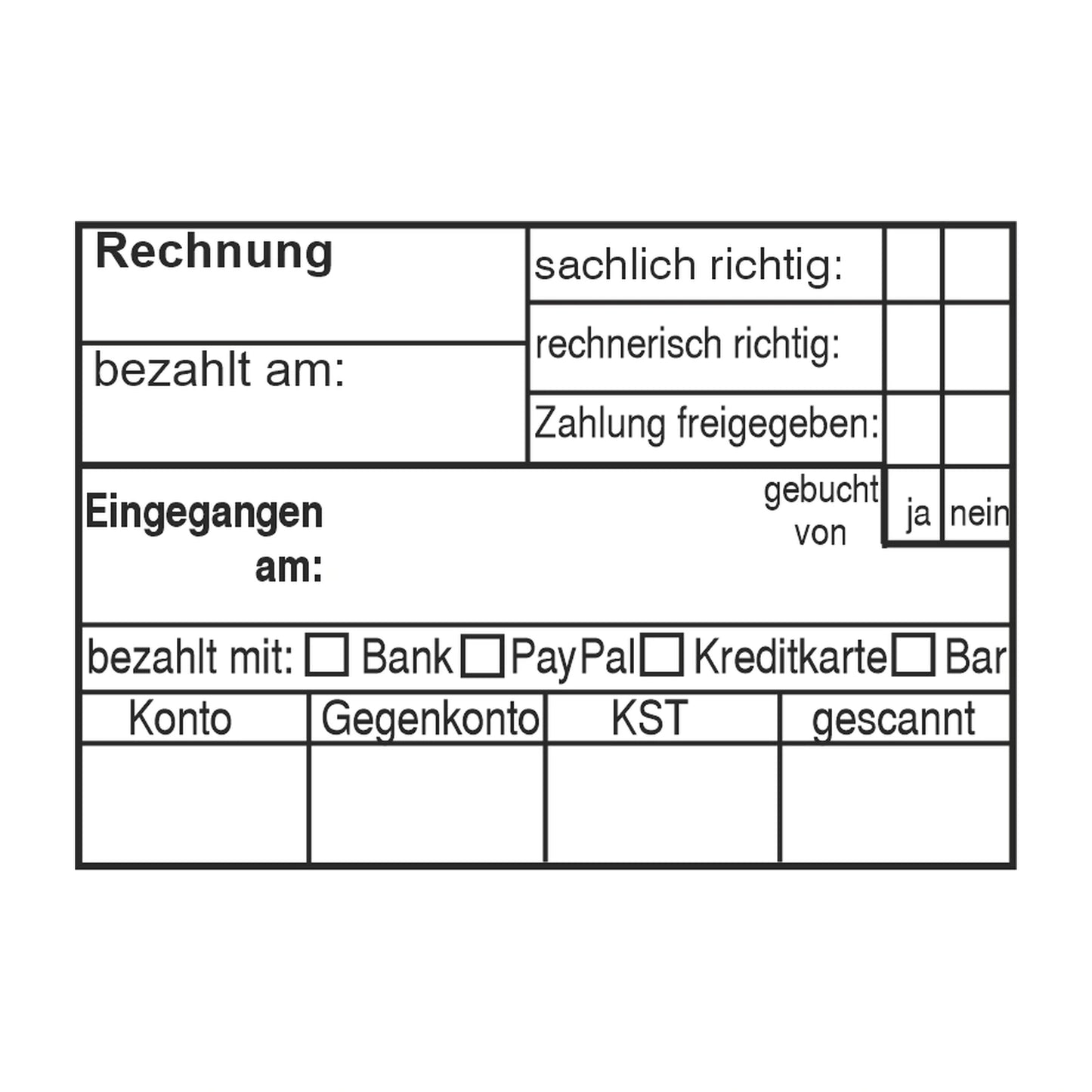 Rechnungsprüfstempel Zahlungsart, Buchung & Scan – Stempelabdruck