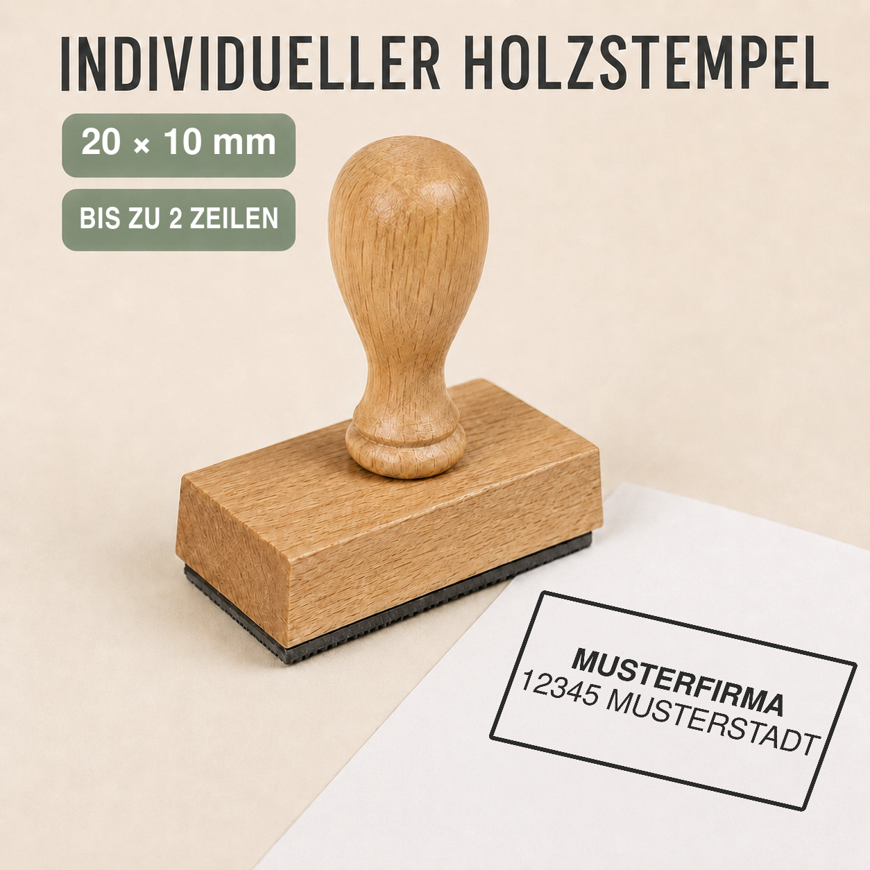 Individueller Holzstempel 20 × 10 mm für bis zu 2 Zeilen