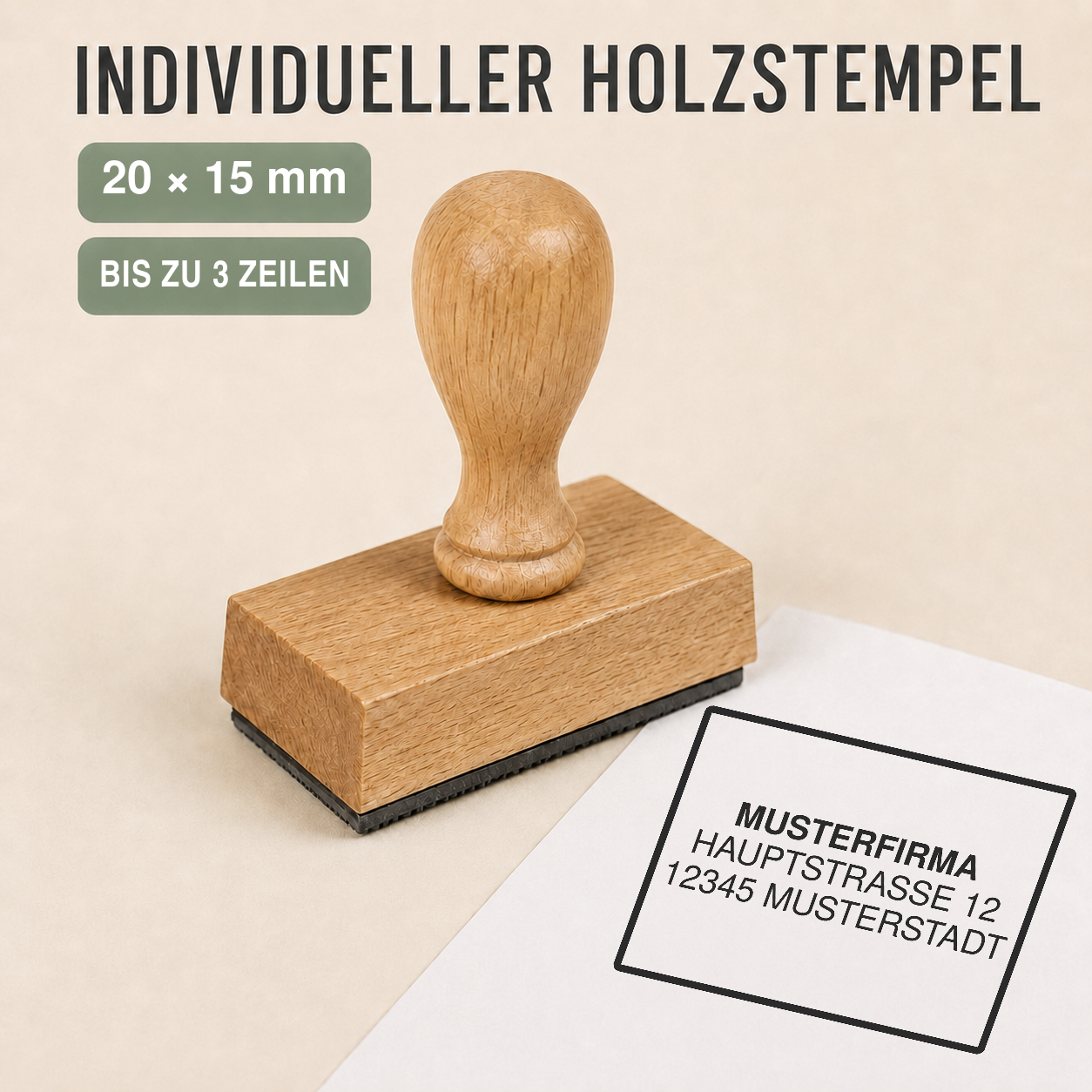 Individueller Holzstempel 20 × 15 mm für bis zu 3 Zeilen