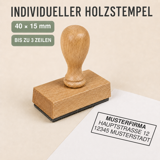 Individueller Holzstempel 40 × 15 mm für bis zu 3 Zeilen