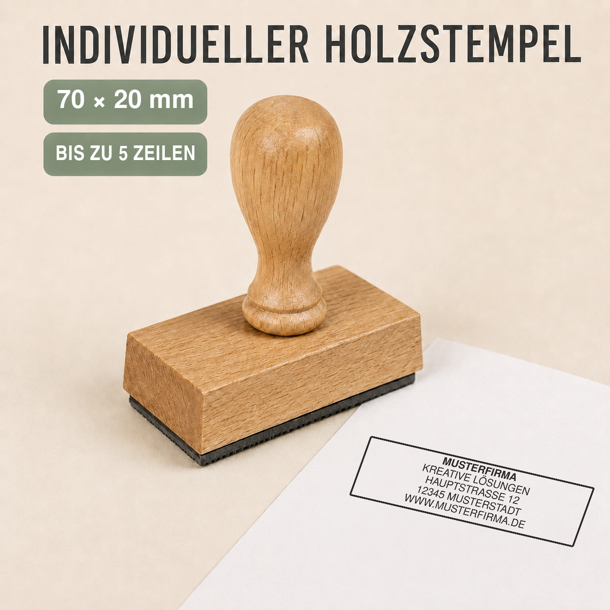 Individueller Holzstempel 70 × 20 mm für bis zu 5 Zeilen