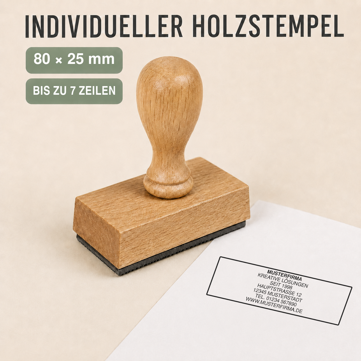 Individueller Holzstempel 80 × 25 mm für bis zu 7 Zeilen