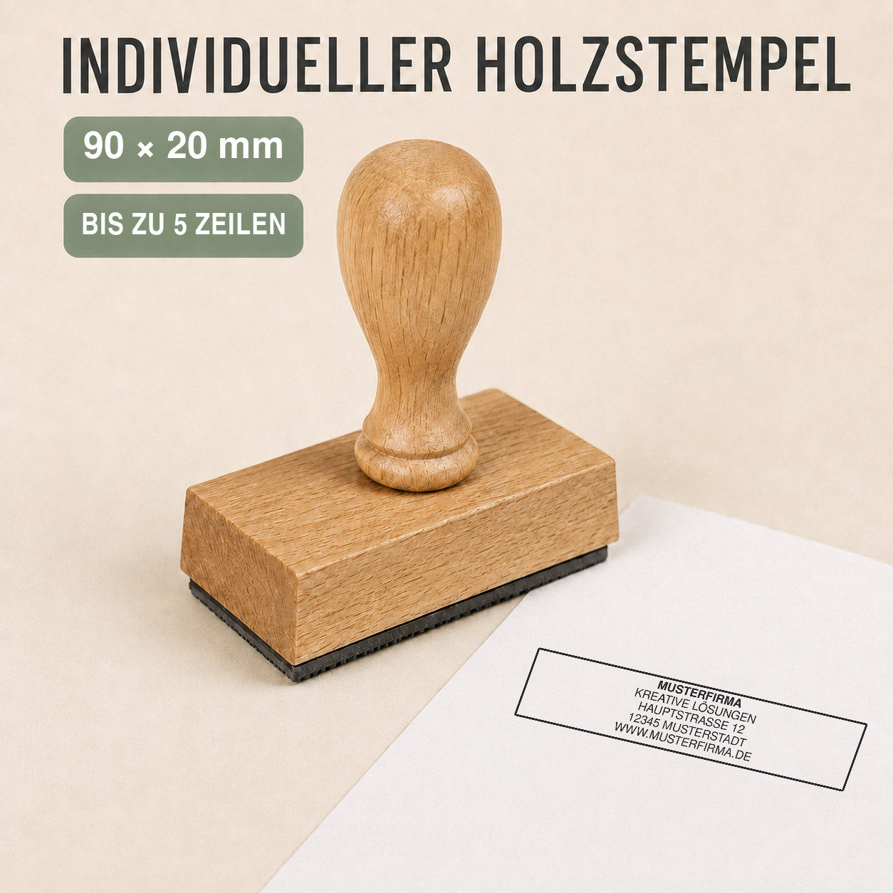 Individueller Holzstempel 90 × 20 mm für bis zu 5 Zeilen