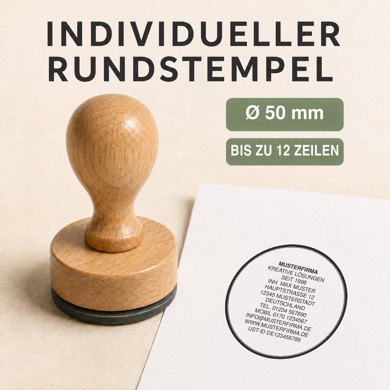 Individueller runder Holzstempel Ø 50 mm für bis zu 12 Zeilen